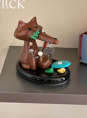 Click创意狐狸叼钥匙管家磁吸收纳托 托盘陶瓷摆饰玄关置物托 托