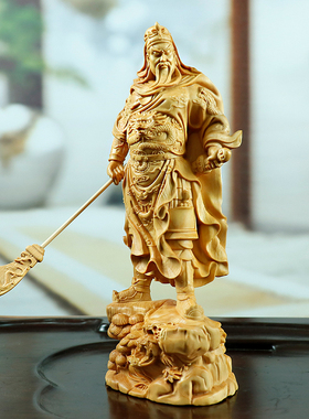木雕关公武财神像黄杨木雕刻工艺手工艺品家居关二爷人物摆件把玩