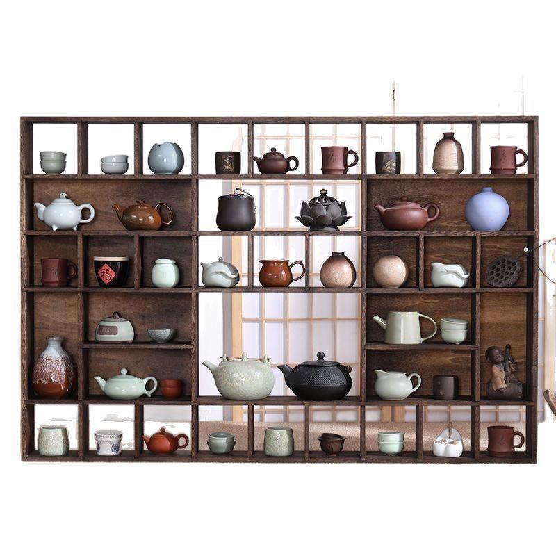 Solid wood wall-mounted ancient rack tea cup rack tea set rack purple sand pot storage rack ornament display rack Duobao Pavilion tea rack