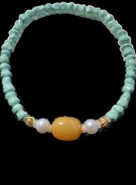 原矿高瓷绿松石竹节手串女单圈手链搭配珍珠蜜蜡桶珠18k金配饰5mm