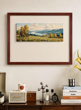 烟汀远岫》法式复古风景挂画北欧中古风客厅玄关级感实木装饰画