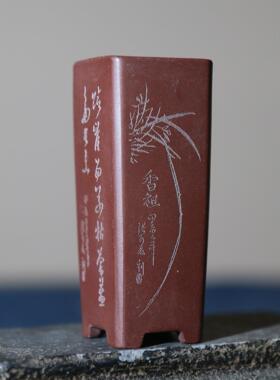 紫砂花盆小签筒千筒微型花盆桌面掌上盆景悬崖盆手工刻绘张可磊