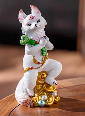 白色九尾狐狸摆件堂口装饰树脂工艺品东北胡家黄大仙办公室桌面