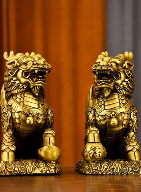 纯黄铜麒麟摆件一对公母火麒麟家居装饰品客厅玄关办公室电视柜