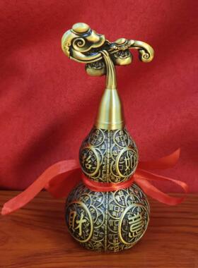 黄铜招财五帝钱葫芦浮雕镇宅吉祥葫芦桌面福禄如意摆件黄铜工艺品