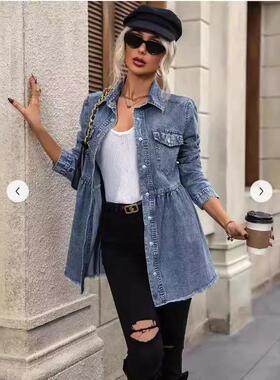 Long sleeved fringed denim shirt top, women's denim jacket