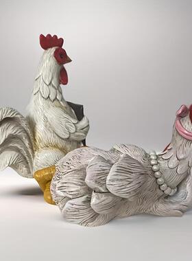 跨境新品Chicken Resin Statue Set早安公鸡和母鸡树脂摆件手工
