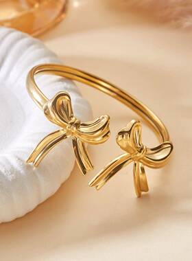 欧美跨境新款手镯小众设计精致轻奢蝴蝶结开口可调节不锈钢手镯女