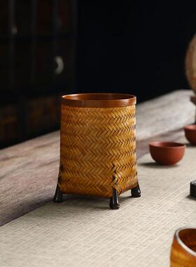 竹编大漆笔筒手工六君子茶筒 复古收纳筒 茶则茶针茶夹茶道零配件