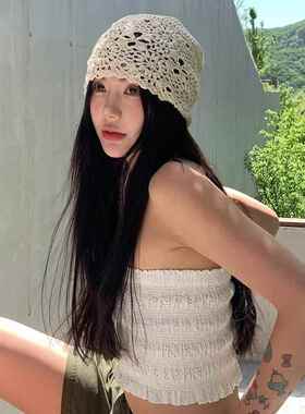 春天帽子女韩国手工编织包头帽2025年春新款甜美堆堆帽复古薄款镂