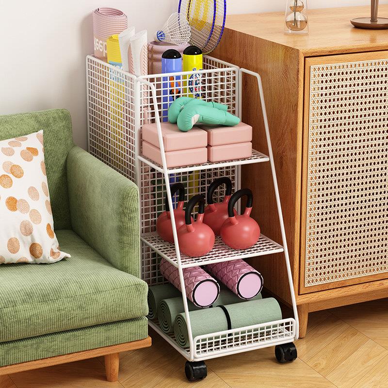 Yoga mat storage basket, sports and fitness equipment storage rack, iron trolley storage rack, badminton wheeled home