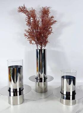 现代简约几何层叠玻璃花器花瓶摆件轻奢样板房售楼处玄关金属饰品