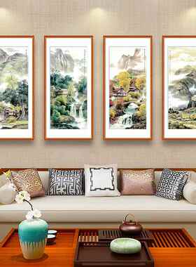 网红国画水画组画合式大厅沙发背景墙装饰中厅壁山画饭厅四条客屏
