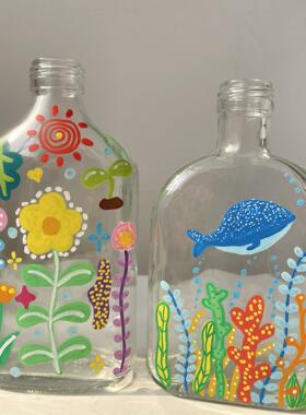 【成品】丙烯马克笔瓶子画空瓶改造花草海洋桌面装饰插花瓶子