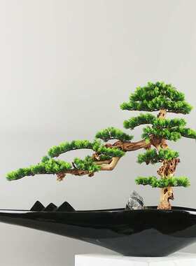 新中式陶瓷迎客松船型绿植摆件售楼处样板间酒店客厅禅意装饰摆设