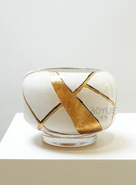 中古风黑色金条纹水晶底大口琉璃花瓶家居样板间客厅摆件软装摆件