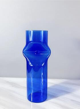 现代简约欧式蓝色彩色玻璃管圆柱花器花瓶摆件样板房售楼处饰品