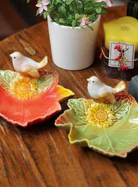 创意彩色釉面树叶小鸟陶瓷盘子瓜子碟客厅家居装饰品首饰收纳摆件