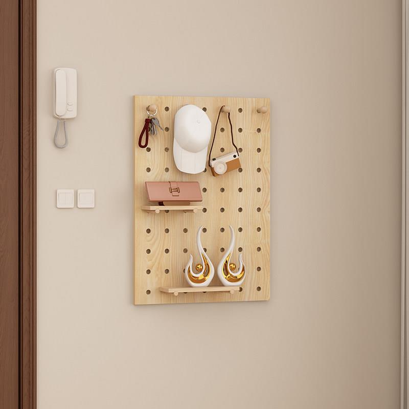 Solid wood perforated board storage rack, entrance wall hanging clothes storage shelf, customizable desk wall shape display