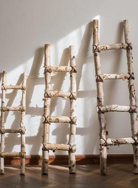 白桦木梯子落地装饰摆饰幼儿园环创花园庭院园艺花艺橱窗拍摄道具