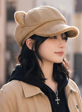 灰色帽子女2026新款今年流行爆款可爱猫耳朵毛绒八角帽秋冬新款加