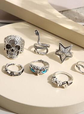 Skull Ring set of 7 pieces rings复古个性夸张骷髅猫头鹰戒指潮