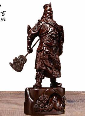 黑檀木雕立刀关公像摆件横刀武财神爷实木关羽木质雕刻红木工艺品