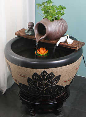 陶瓷鱼缸石槽古法养鱼水循环装饰陶罐流水造景摆件水池花园喷泉