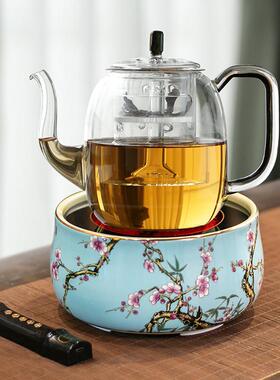 莺歌烧电陶炉煮茶家用电茶炉小型粉彩梅竹系列围炉煮茶壶蒸茶套装