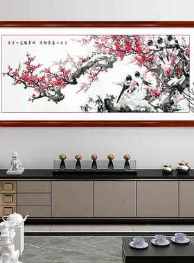 喜上眉梢客厅装饰画红梅报春图中式沙发背景墙壁画喜鹊国画挂画