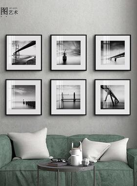 格局工业风客厅装饰画黑白建筑摄影背景墙壁画照片墙办公室挂画