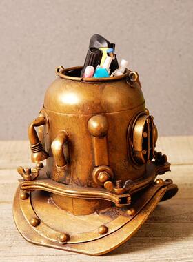 复古工业风铁艺模型摆件蒸汽朋克潜水帽笔筒艺术感软装饰个性创意