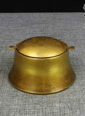 纯铜烟灰缸带盖创意个性潮流复古全铜烟灰缸旋转翻盖仿古烟缸摆件