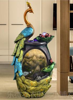 新款孔雀工艺品风水件轮美式创客厅台装饰流水阳摆加湿器室内外意