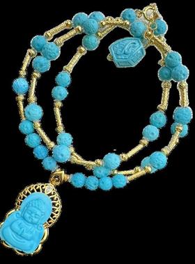 天然绿松石星球珠锁骨链18k金镶嵌宝宝佛公吊坠挂件28.5×14.2×6