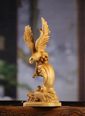 黄杨木雕大展宏图雄鹰展翅木质工艺品家居书房新中式桌面装饰摆件
