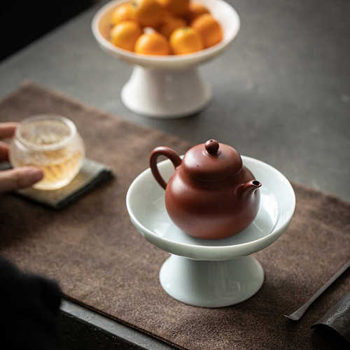 九匠风 湖田窑彷古高足壶承 手工雕刻莲瓣纹茶点盘功夫茶具托盘 - 图2