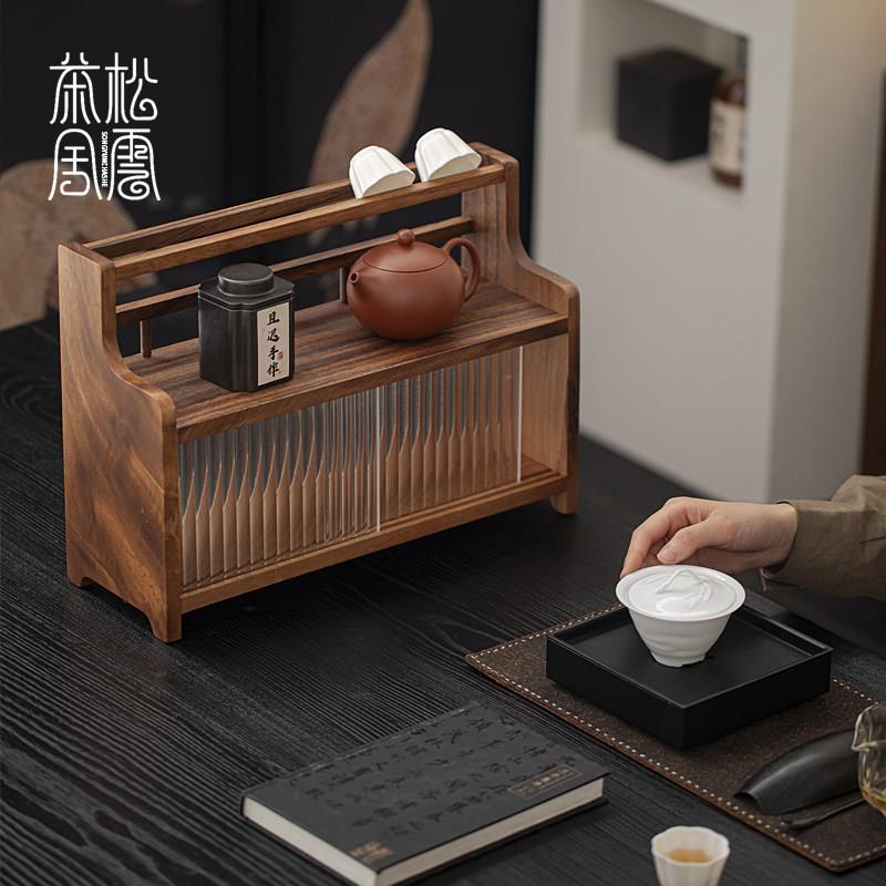 Walnut tea set storage cabinet tea room storage rack tea cup drain dustproof household sliding glass cover solid wood cabinet