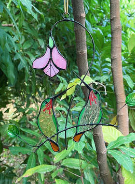 货源彩色玻璃工艺品玻璃蜂鸟挂件彩绘两只小鸟喇叭花蜂鸟挂饰