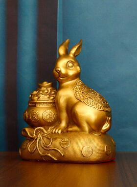铜兔子摆件招财客厅生肖兔吉祥物工艺品聚宝盆兔福兔纯风水装饰品