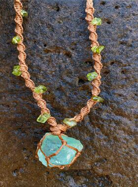 跨境新品水晶矿石萤石原石编织网兜手链项链手工编织藤曼森林系