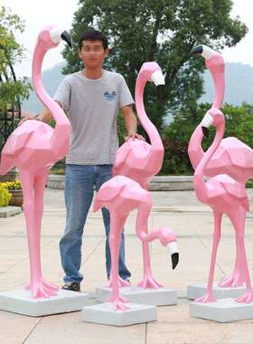 简约现代几何火烈鸟摆件户外玻璃钢块面鸟类雕塑园林景观装饰品