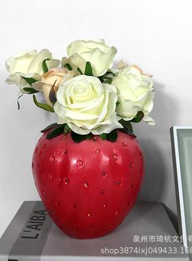 跨境热款写实草莓花瓶家居卧室玄关客厅餐厅桌面插花仿真水果摆件