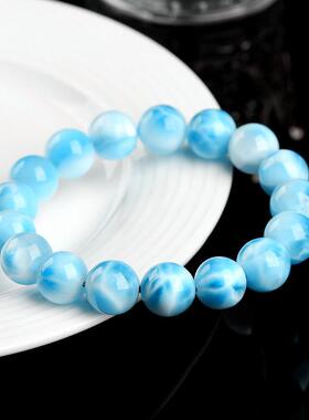久雅水晶 天然7A级海纹石手链 时尚蓝色海纹石圆珠手串 厂家直销