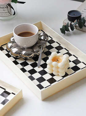 北欧ins黑白棋盘格进门玄关放钥匙收纳摆件家居装饰品桌面整理盘