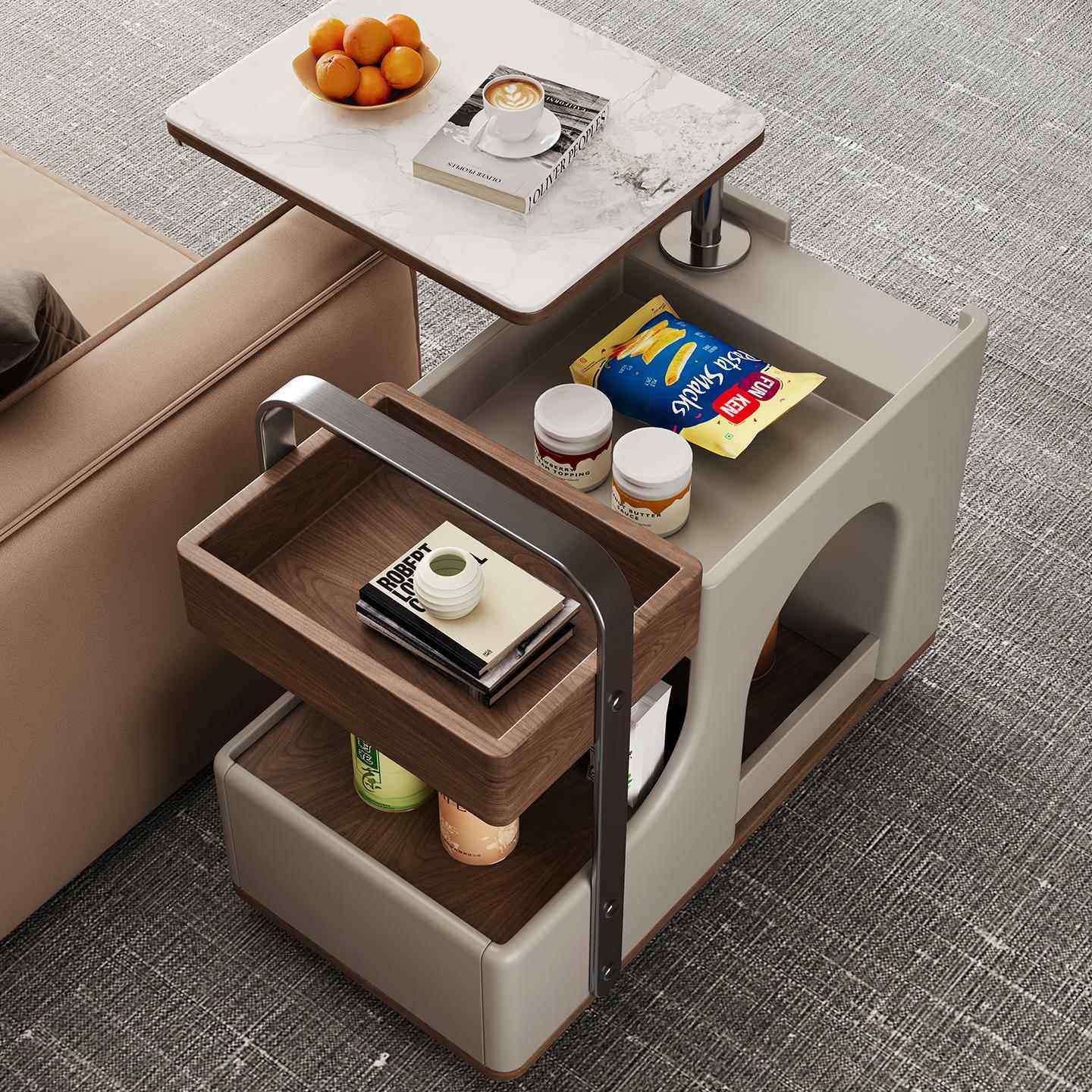 奶油风可升降旋转小户型家用现代简约高级感多功能储物移动小推车,淘宝优惠券,粉丝福利购,淘宝优惠卷