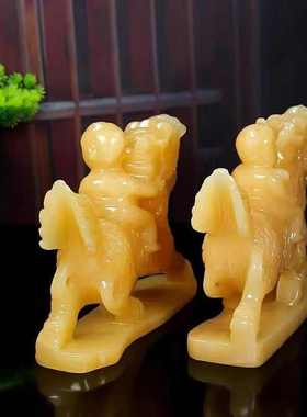天然米黄玉送子麒麟摆件吉祥玉麒麟客厅卧室室内金童玉女工艺品
