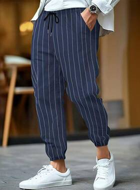 Men's Striped Linen Pants Soft Breathable Summer Loose Fit