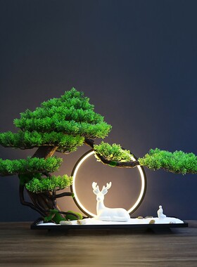 彷真迎客松摆件绿植盆景中式客厅玄关电视柜植物盆栽茶室禅意装饰