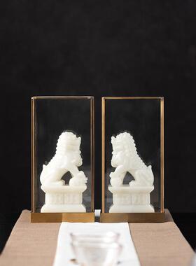 新中式金属玻璃罩玉石狮子麒麟摆件书房电视柜桌面软装饰品